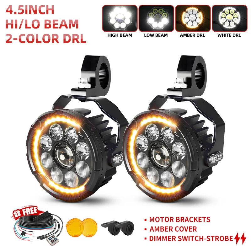 UNISHINE 4.5 "Ronde Motorfiets LED Koplamp Wit Amber DRL Hoge Dimlicht Strobe Spotlight Dimmer Offroad LED Licht