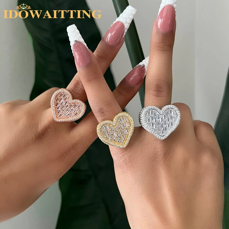 Wielkie serce w kształcie pierścieni pełna betonowa biała moda CZ Iced Out Bling plac 5A Cubic cyrkon moda kochanka biżuteria dla kobiet mężczyzn — zdjęcie 3