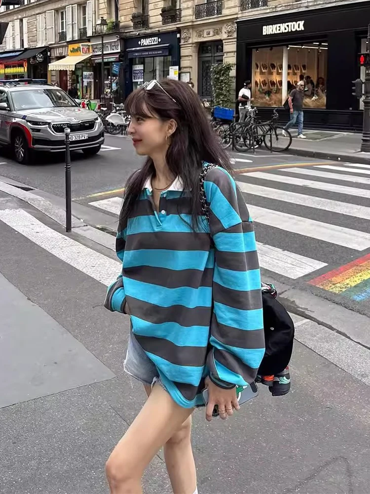 

Gagarich 2025 Korean Chic Autumn New Retro Contrasting Color Loose Niche Versatile Long Sleeved Striped Top Women