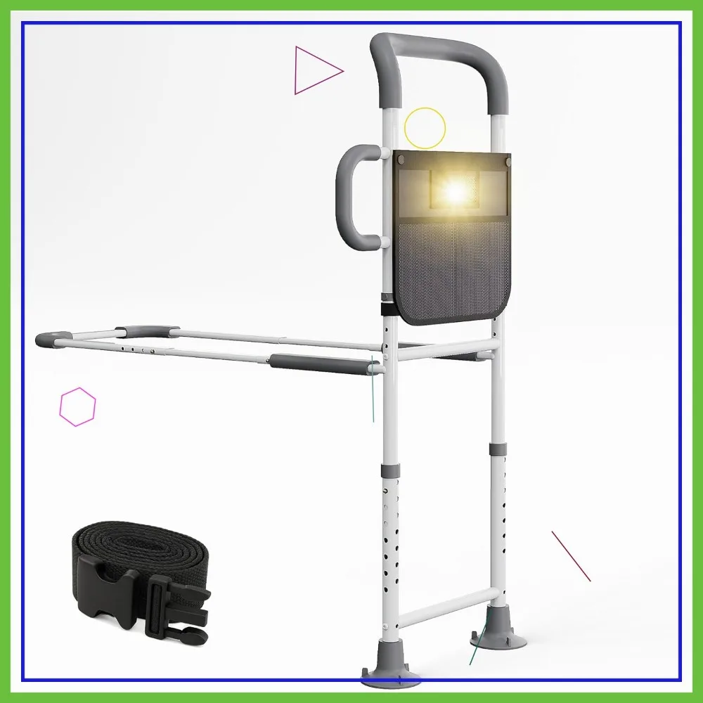 Riel de seguridad de cama ajustable para personas mayores con sensor de luz, mango antideslizante y soporte de 350 lb: fácil montaje, gris