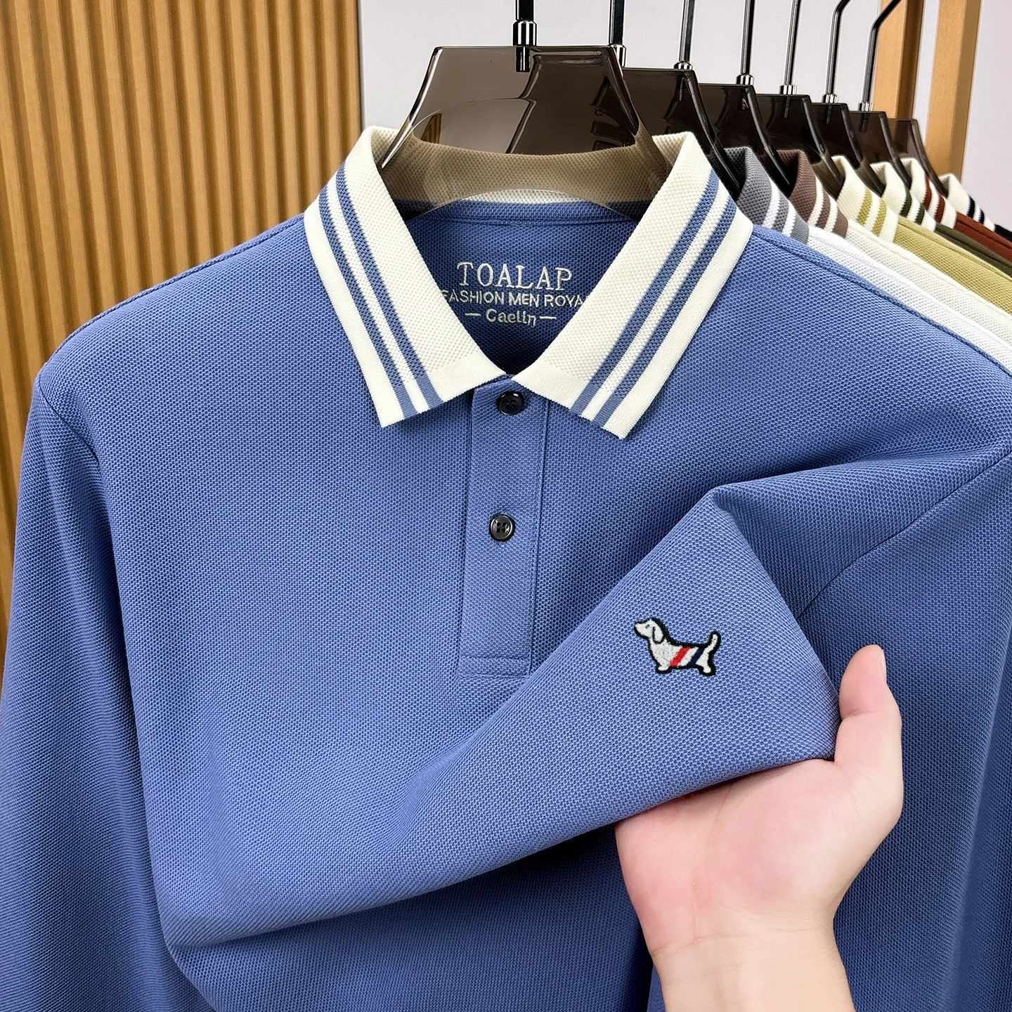 100% reine Baumwolle Langarm-Poloshirt koreanischer Casual-Stil mit geprägtem Cartoon-Hund Luxusmarke Frühling/Herbst neue Mode Herren-T-Shirt – Detail 9