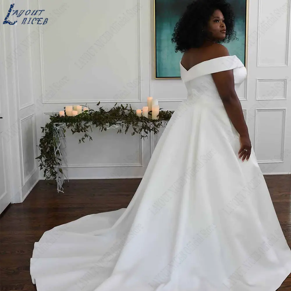 LAYOUT NICEB A-Line Off Shoulder Satin Bride Gowns Short Sleeves Backless Wedding Dresses Custom Made vestido de noiva casamento