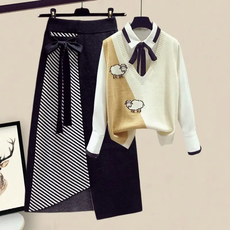 Autumn New Bow Chiffon Shirt Knitted Tank Top Irregular Short Skirt Set of Three Elegant Women's Party Dress Winter Outfits