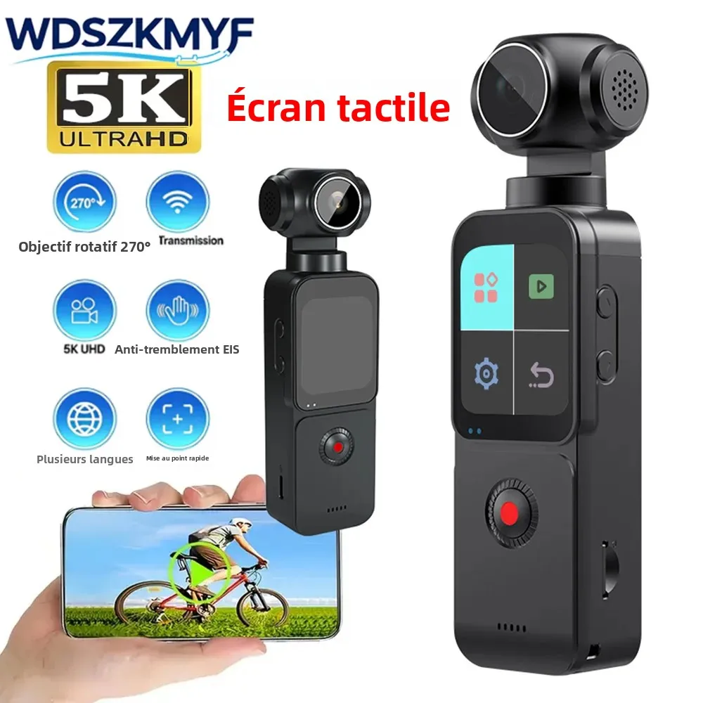 Caméra d'action 5K avec stabilisation électronique de l'image (EIS), caméra de poche, écran tactile 270° °   Caméra vidéo sportive portable d'extérieur avec objectif rotatif