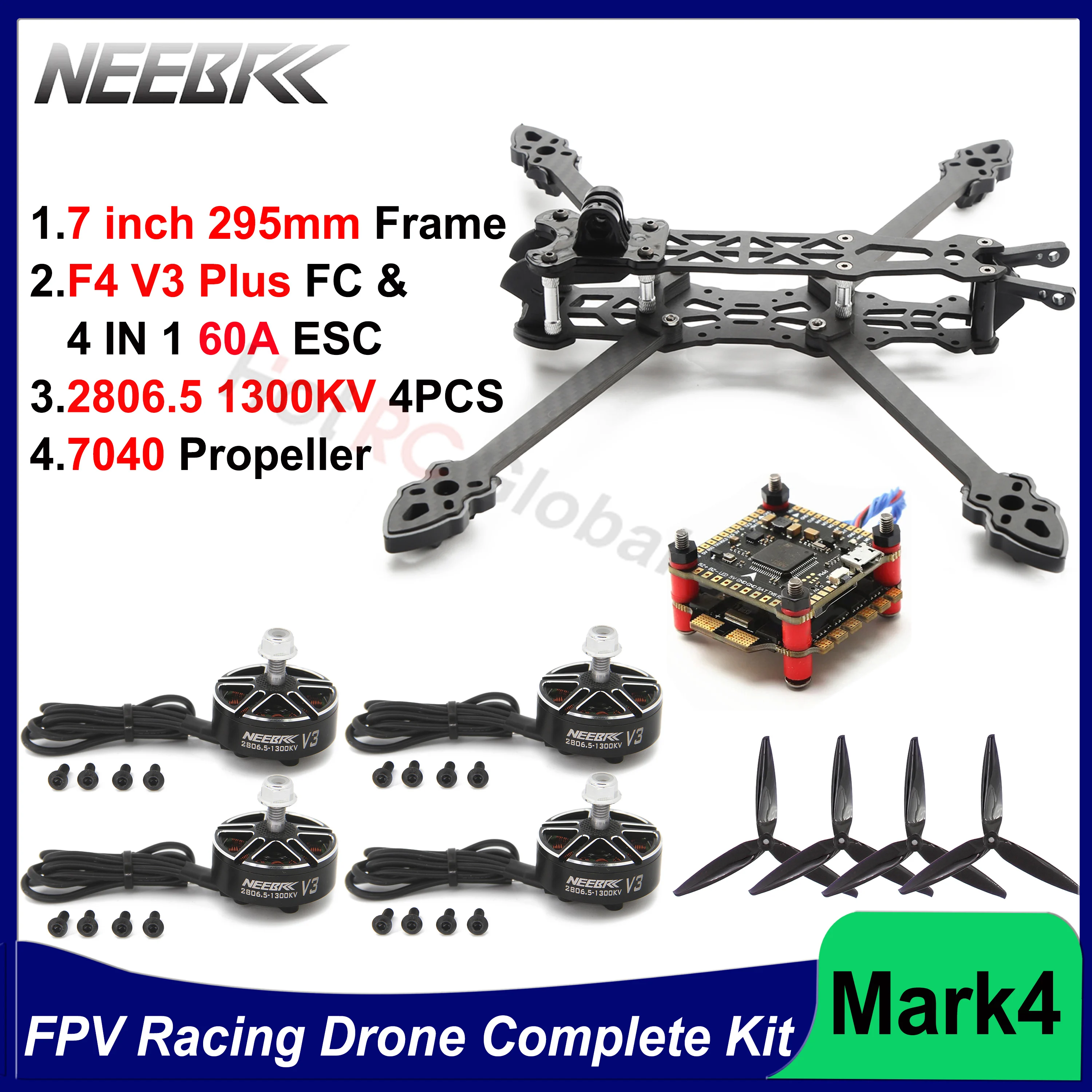 

MARK4 Complete Kit 7inch Frame 2806.5 1300KV Brushless Motor 7040 Propeller 60A ESC F4V3 Flight Controller for FPV Racing Drone