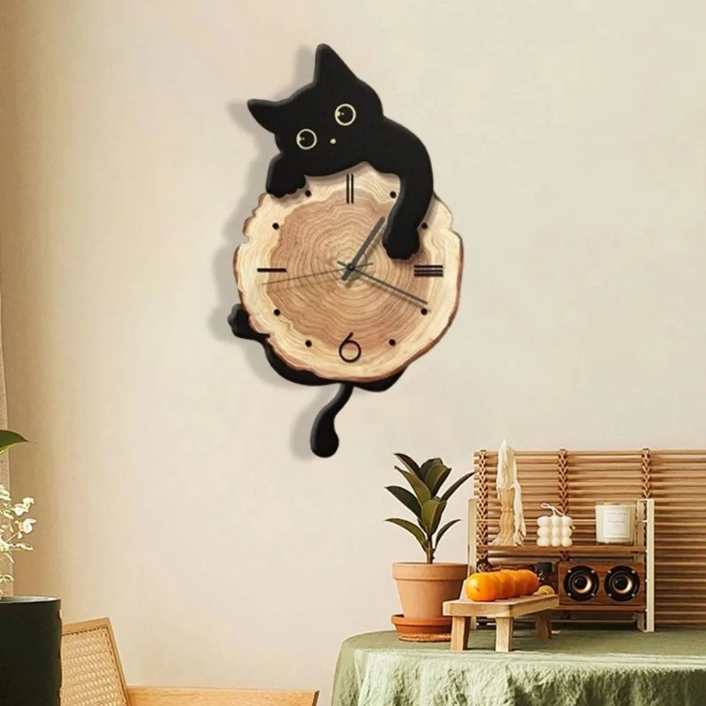 Cartoon Design Cute Cat Wall Clock Silent Feature Home Decoration Wall Mounted Clock Tail Swing Cat Hanging Clock Gift