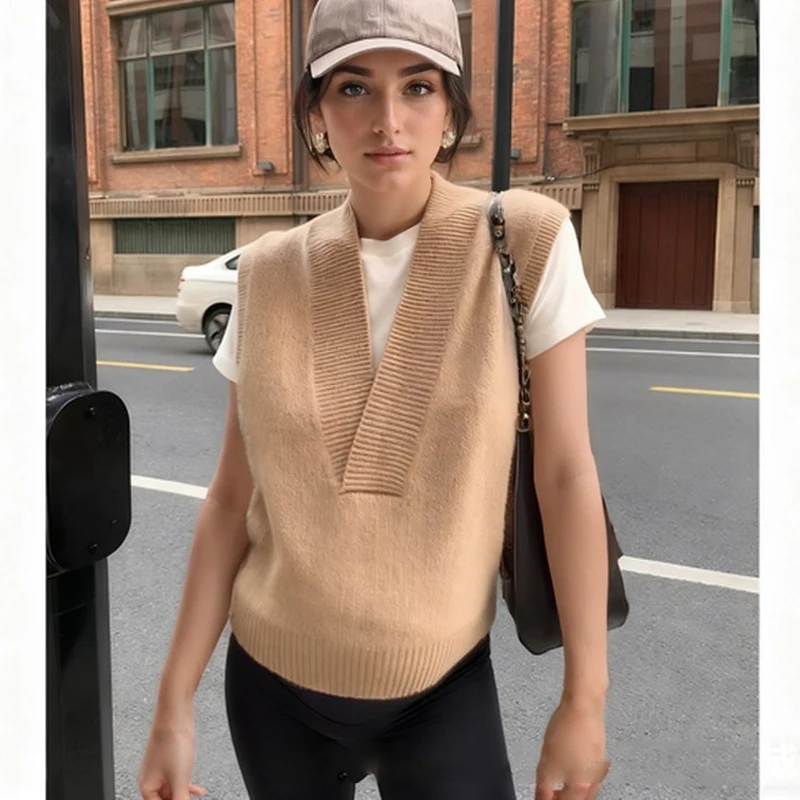 

Autumn and Winter Elegant Loose Women Sweater Vest New V-Neck Sleeveless Knitwear Waistcoat Solid Fashion Casual Tank Tops 15