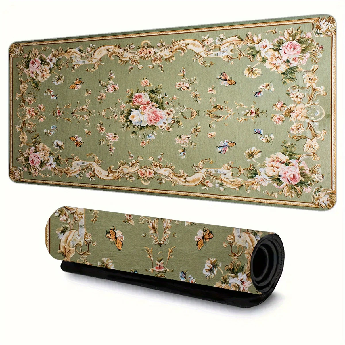 

Large floral mouse pad with Persian-style anti-slip rubber base, elegant green pattern, washable and of high quality