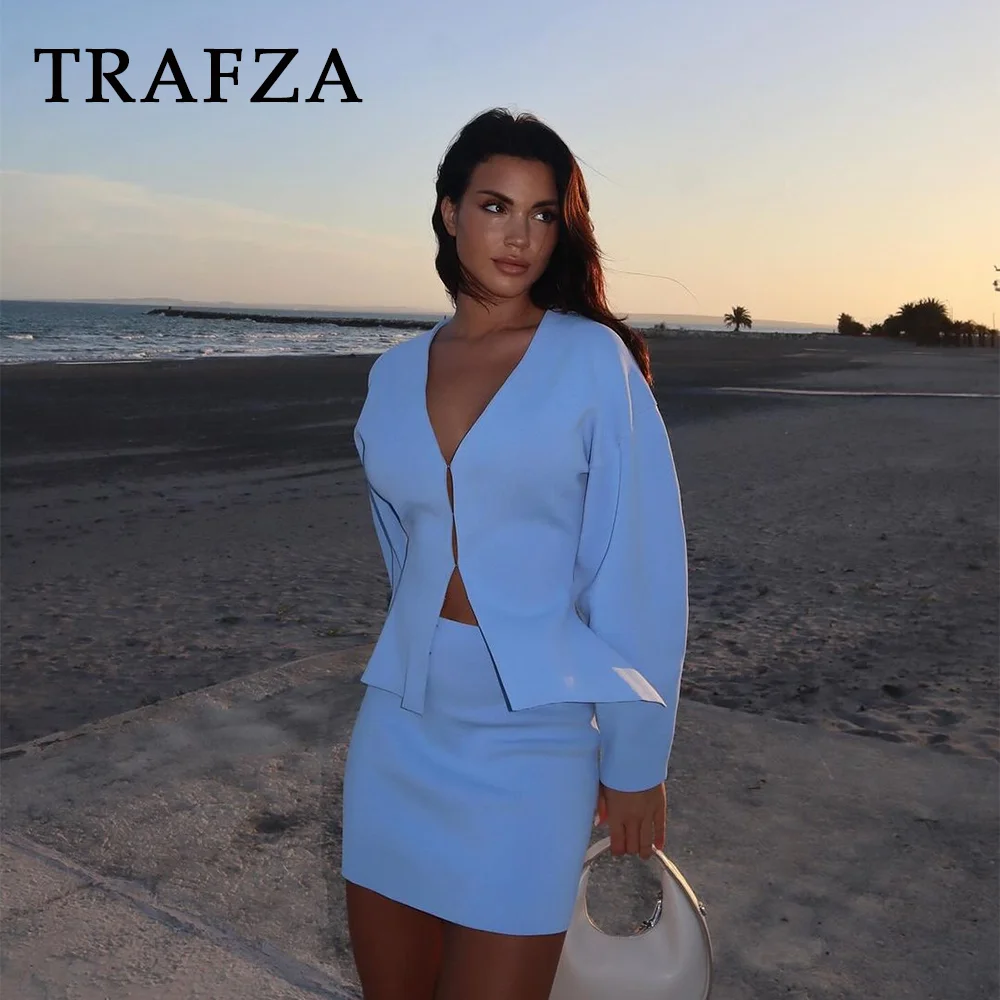 TRAFZA 2025 Spring Summer Sexy Solid Knitted Women Suits Fashion Nightclub V Neck Single Breasted Shirts+Chic Mini Pencil Skirts