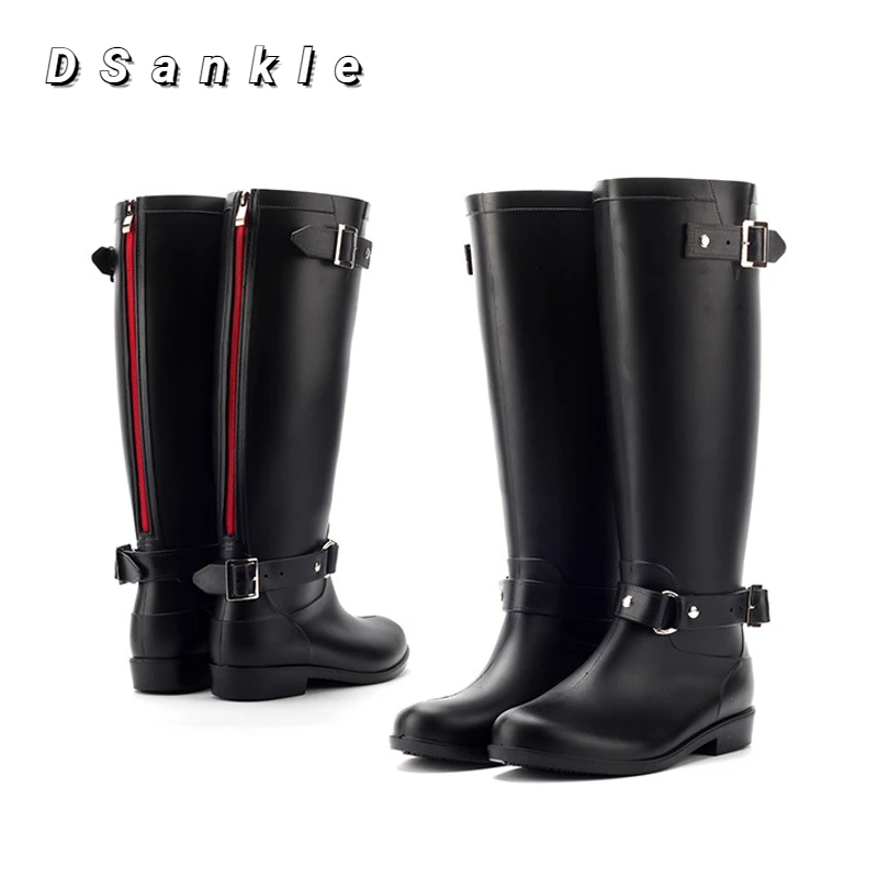 

DSankle Rainboots Waterproof Flat Shoes Women Black Water Fashion Zip Rain Boots High Female PVC Comfortable Rain Boots