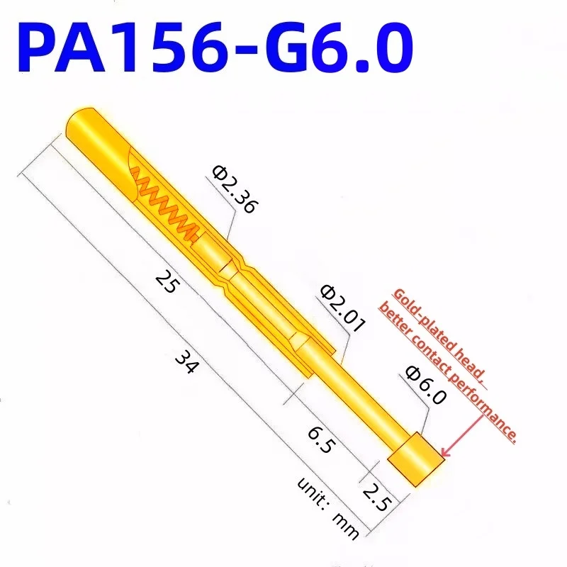 

20/100PCS PA156-G Spring Test Probe Test Pin Pogo Pin PCB Test Tool P156-G 34mm Dia 2.36mm Flat Head Dia 6.0mm P156-G2 Gold Tip