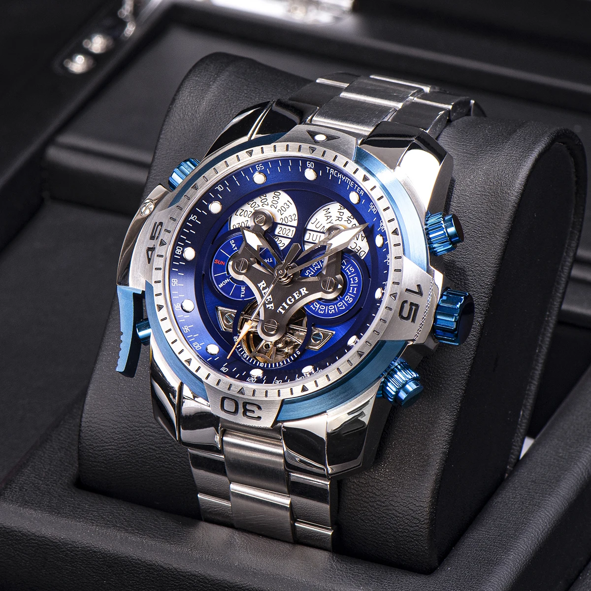 Reef Tiger/RT Designer Stainless Steel Completed Calendar Automatic Watch Men Date Rose Gold Bracelet Mechanical Watches RGA3503