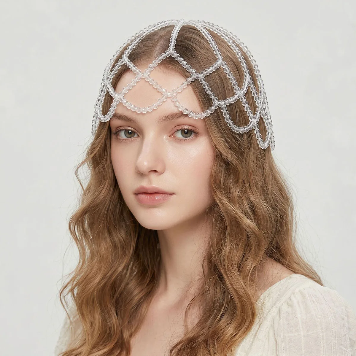 SLBRIDAL Handgefertigtes Charm-Netz mit Kristallperlen-Tropfen, Perlenbesetztes Haarnetz, Braut-Haaraccessoires für Frauen und Mädchen, Kopfschmuck – Detail 10