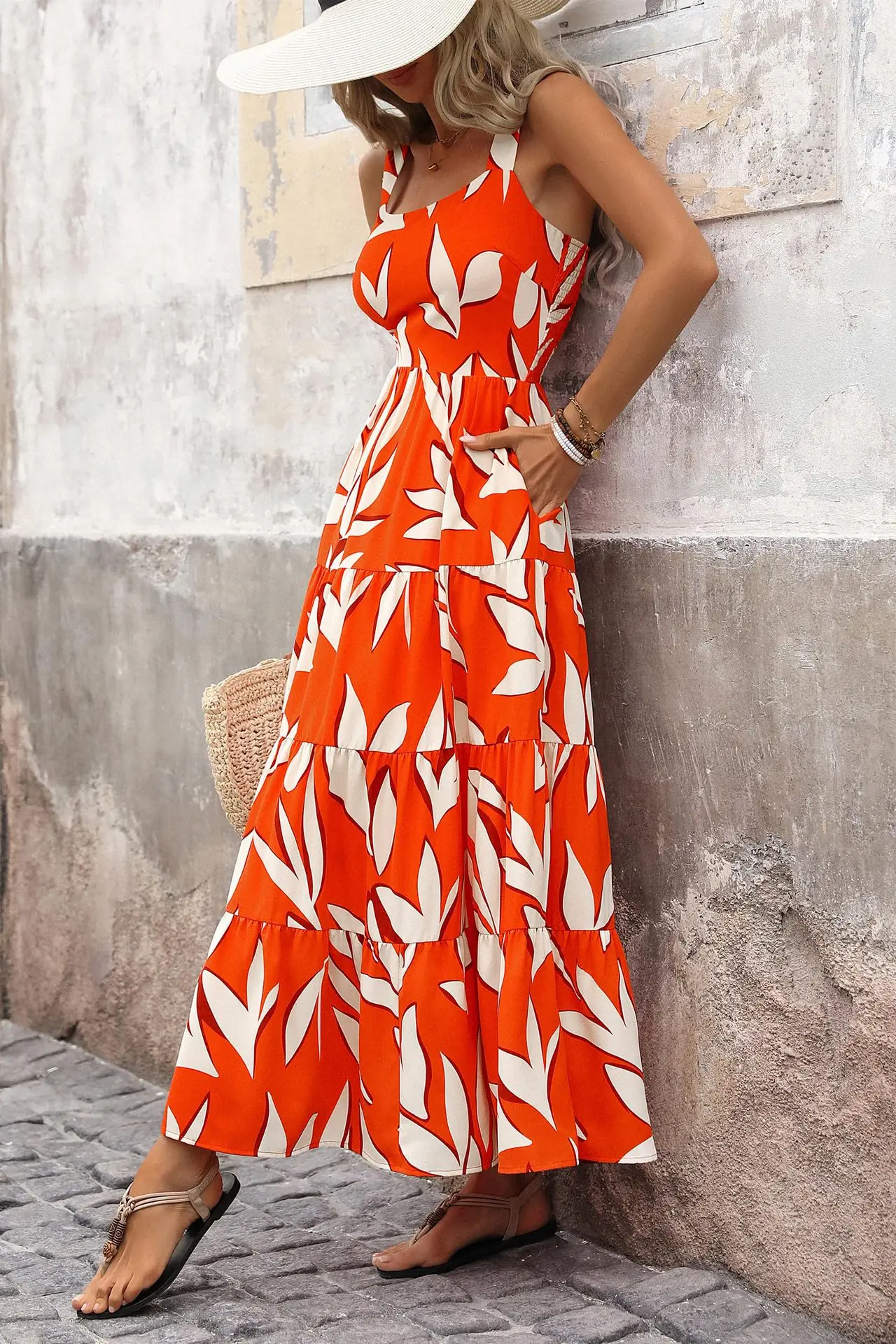 Women's Leaf Print Tank Dress, Boho Fashion Casual Ruffle Trim Long Dress for Beach Holiday Vacation, Ladies Summer Clothes