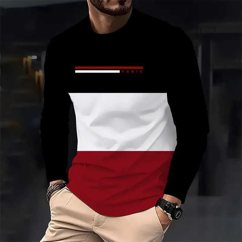 باريس اللون الرجال فضفاضة طويلة الأكمام تي شيرت مطبوع موضة crewneck تي شيرت غير رسمي مريح الرجال الربيع والخريف