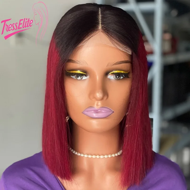 

15A 220% Density Glueless Double Drawn Bone Straight Omber T1B/99j Color 4x4 Lace Closure Wigs Brazilian Virgin Remy Human Hair