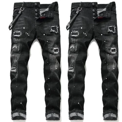 Chareiharper dsq 1046 jeans ajustados para hombre, tela rasgada, elástica, pintura, salpicaduras, patchwork negro, proceso de desgarro, diseño italiano