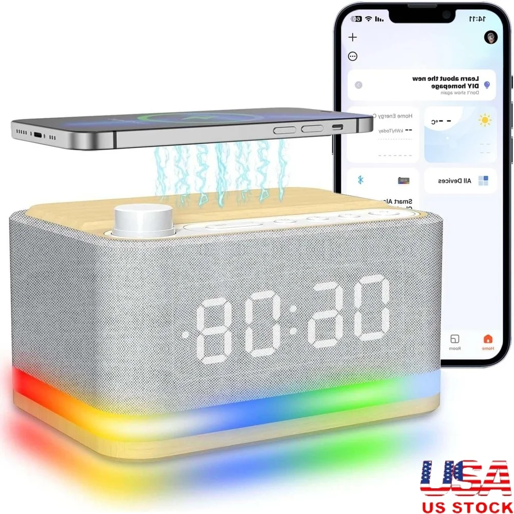 

Smart Alarm Clock Bluetooth Wireless Charging White Noise Machine App Control Speaker Dual Speakers Digital Clock 4 Alarm