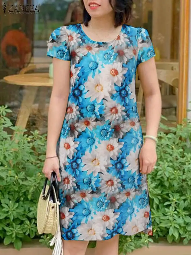 Zanzea Sommer Frauen knielange Kleider 2024 Bohemian Blumen druck Kurzarm o Hals kurze Vestidos lässig alltäglichen Sommerkleid