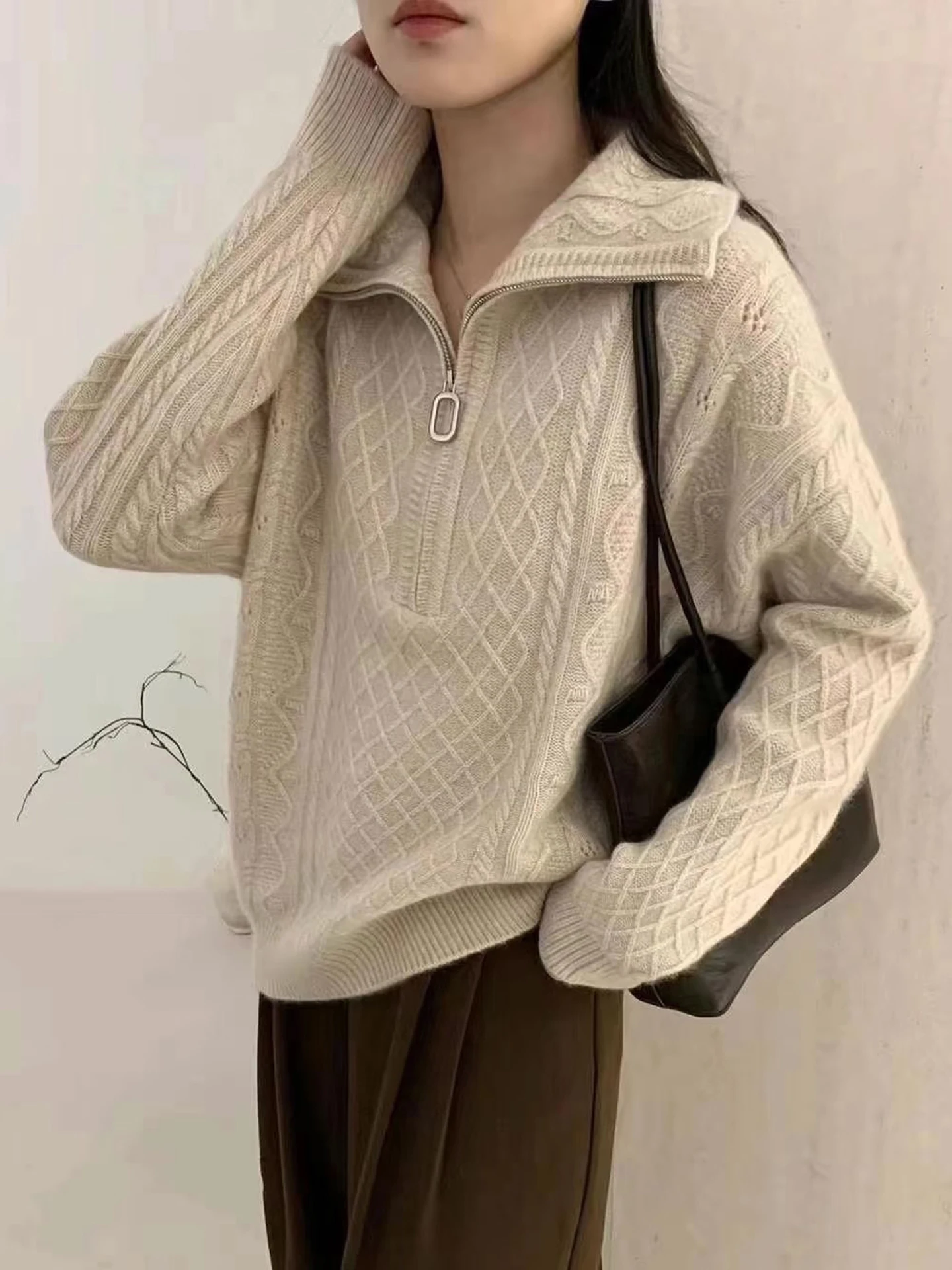 Novo pulôver de luxo feminino 100% lã merino meio zip volta cor sólida malha solta pele amigável confortável outono inverno topo quente