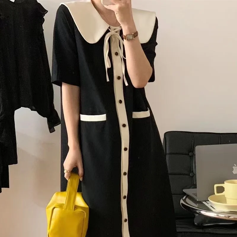Extra große Größe 300-Pou-Bla-Puppenkragen, schlankmachend, lang, koreanisches Kleid, Pendeln, Wind, Sommer, lockere Passform, hohe Taille, A-Linie...