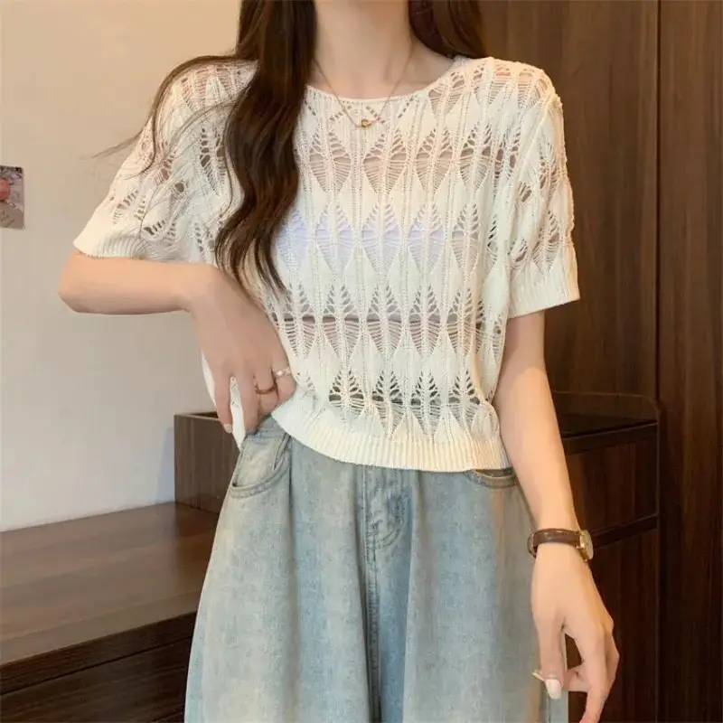 Summer Thin Hollow Out Pullover Loose Fashion Casual Short Sleeved T-shirt Women\'s Solid Round Neck Patchwork Korean Simple Tops