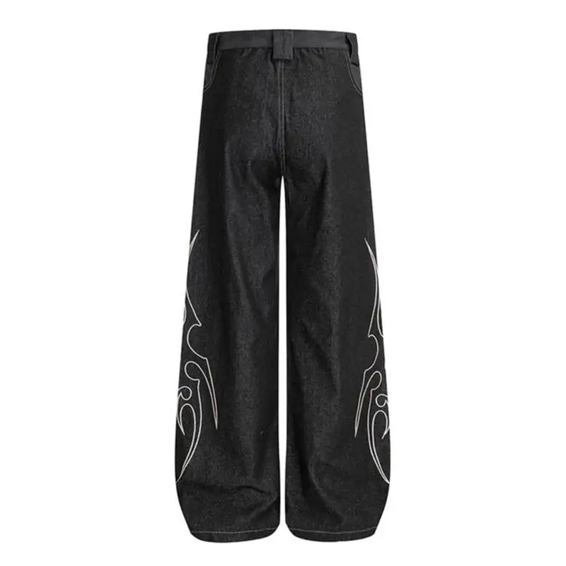 American Vintage Flame Embroidery Denim Pants For Men Women Curved Wide Leg Reverse Pocket Street Loose Jeans V56R