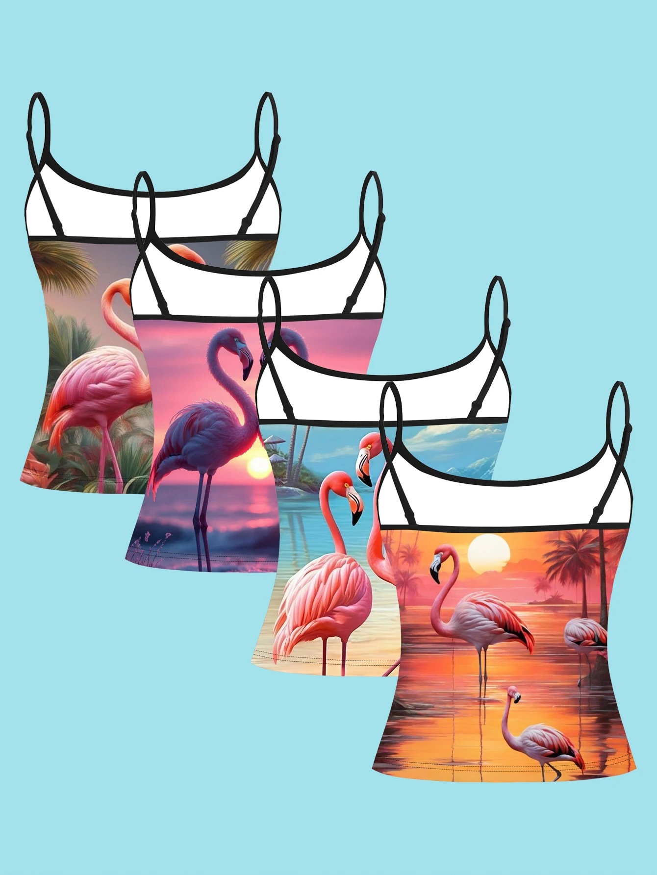 4-Piece Set of Beach Sunset Flamingo Camisole Outfits, Island Scenery Women's Spaghetti Strap Inner Layering Shirt