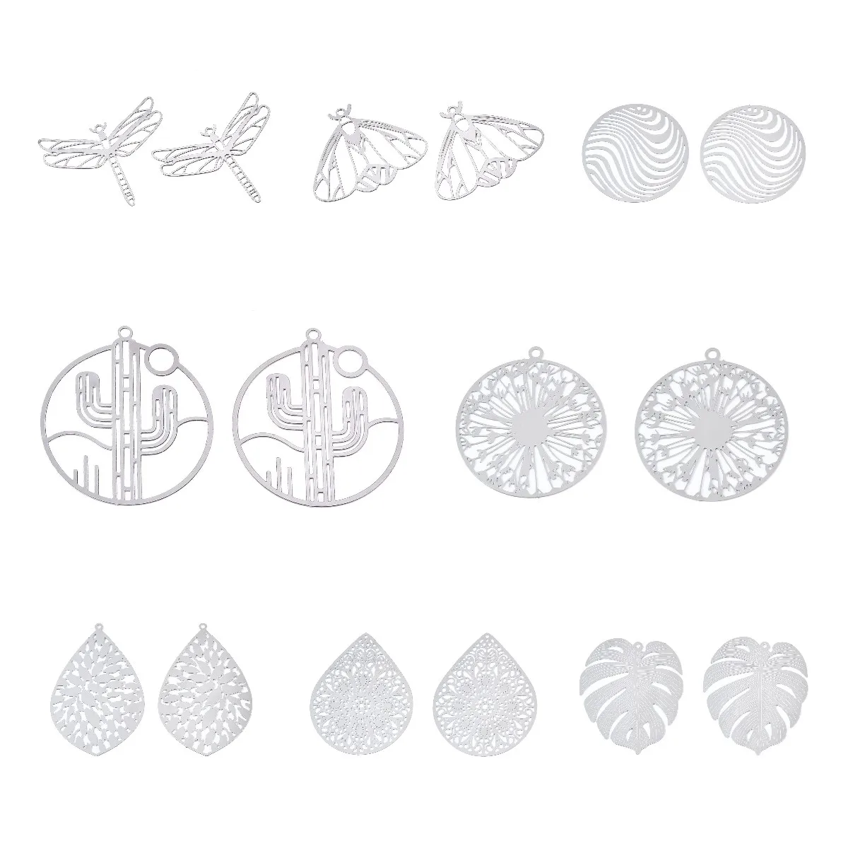 10Pcs 201 Stainless Steel Filigree Pendants Flat Round Drop Etched Embellishments Charms for Earrings Necklace Jewelry Making