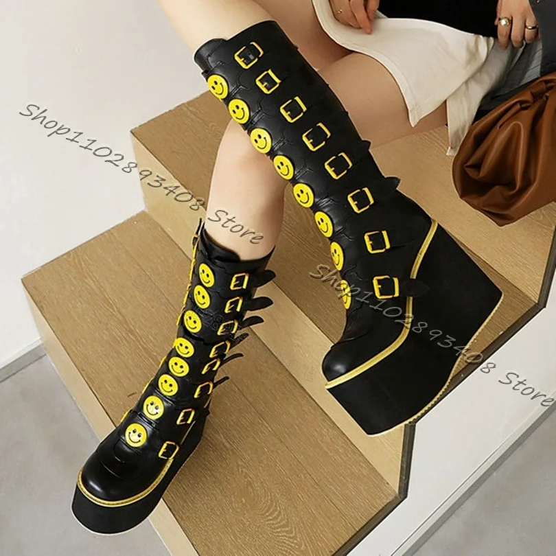 

Black Platform Muffin Bottom Boots Pointed Toe Back Zipper Wedges Heels Belt Buckle Boots Women Fashion Shoes Zapatillas Mujer