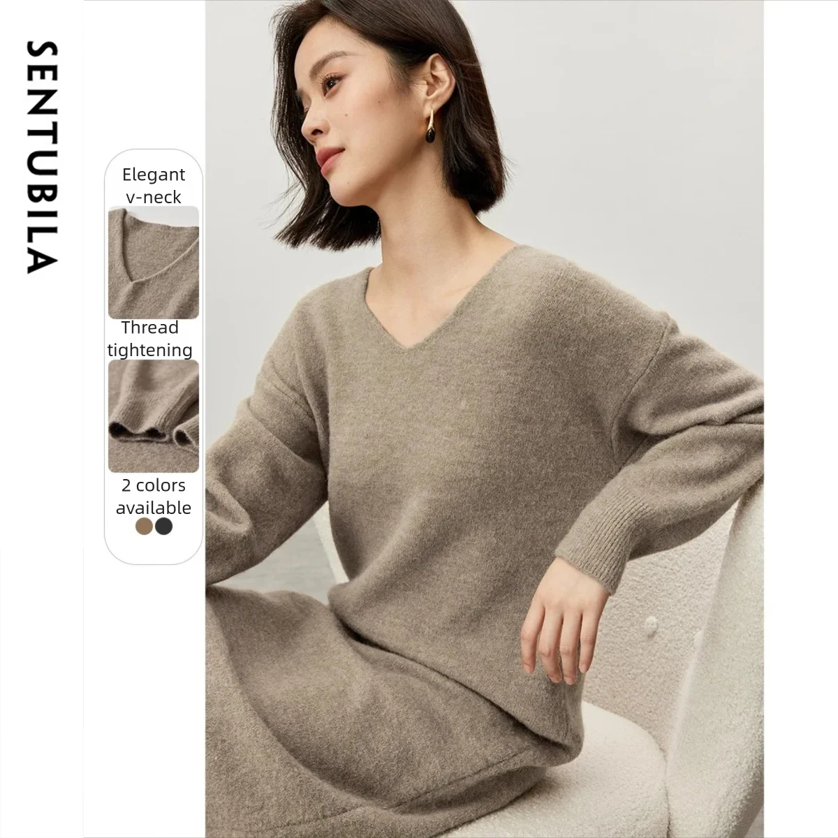 

SENUBILA вязаные свободные платья для женщин, осень 2022, повседневное платье с v-образным вырезом, однотонное женское платье с заниженными плечами для поездок на работу W44L57205