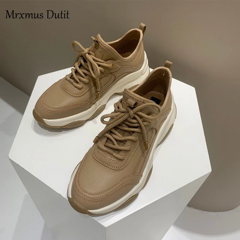 Mrxmus Dutit 2023 Fashion Women New Genuine Leather Patchwork Lacing Sneakers Solid Simple Thick Sole Casual Shoes Versatile