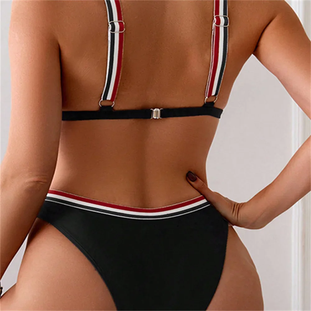Sexy Striped Sling Swimsuit Push Up Black Y2K Backless Bikini Beach Outfits Vacation Swimwears Thong Women Bathing Swimming Suit