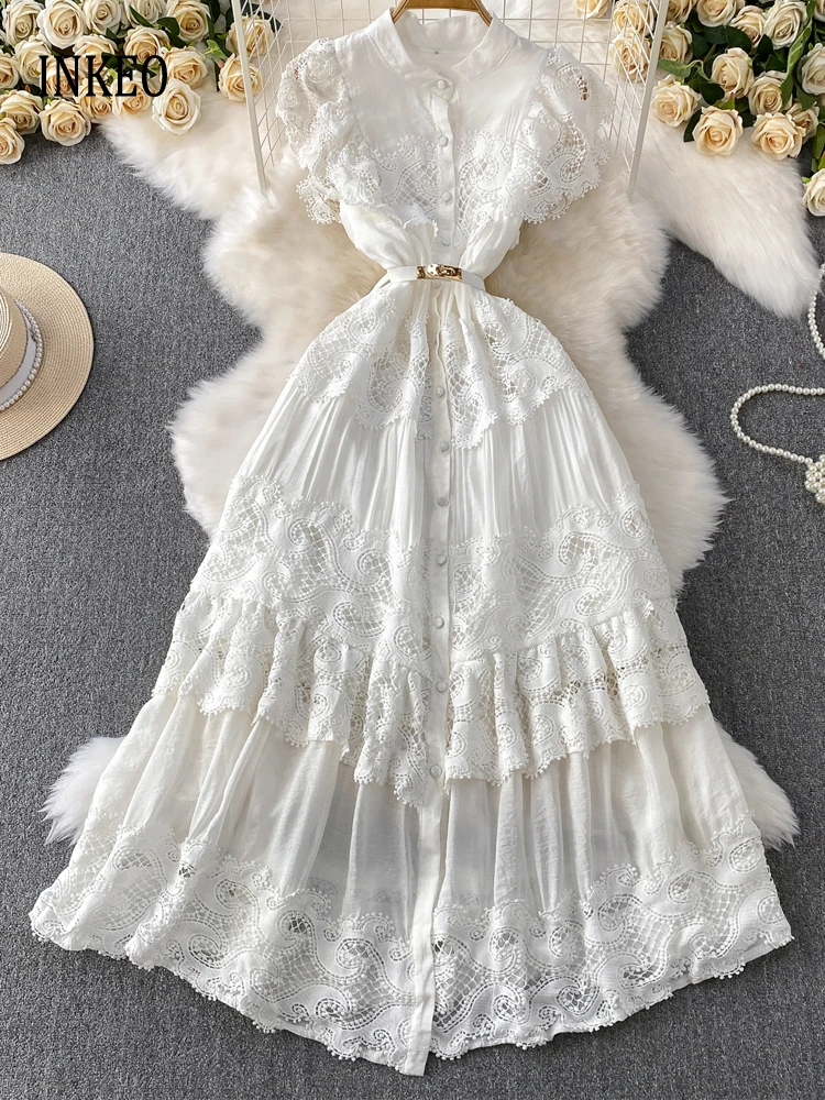 

Luxury Elegant Lace patchwork dress Women White 2025 Summer Short sleeve X-long dresses with belt Hollow out Beach INKEO 5D147