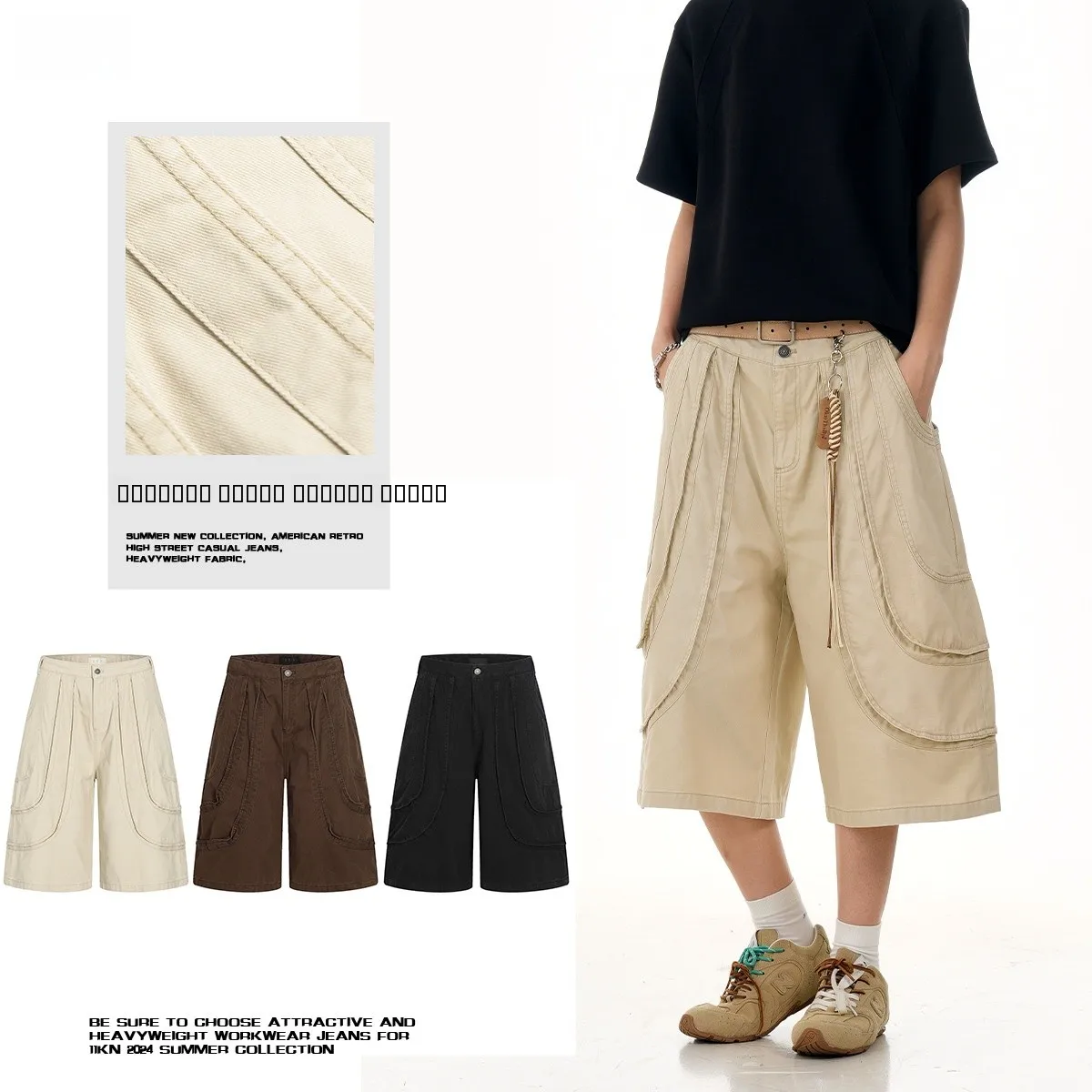 Loose Men's And Women's Workwear Seven-Foot Pants Wide Leg Casual Deconstructed Design Retro 3D Slimming Outdoor Cotton Shorts