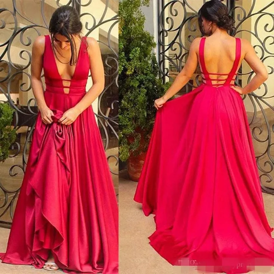 

Red Sexy Deep V Neck Ball Gown Simple Backless Bohemian Sweep Floor-length Stretch Satin Long Evening Gown Custom Formal Gown