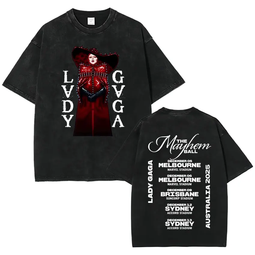 

Fans Gift Vintage Washed Trendy Lady Gaga The Mayhem Ball Tour 2025 T Shirt Gothic Hipster Men High Quality Oversized Unisex Tee