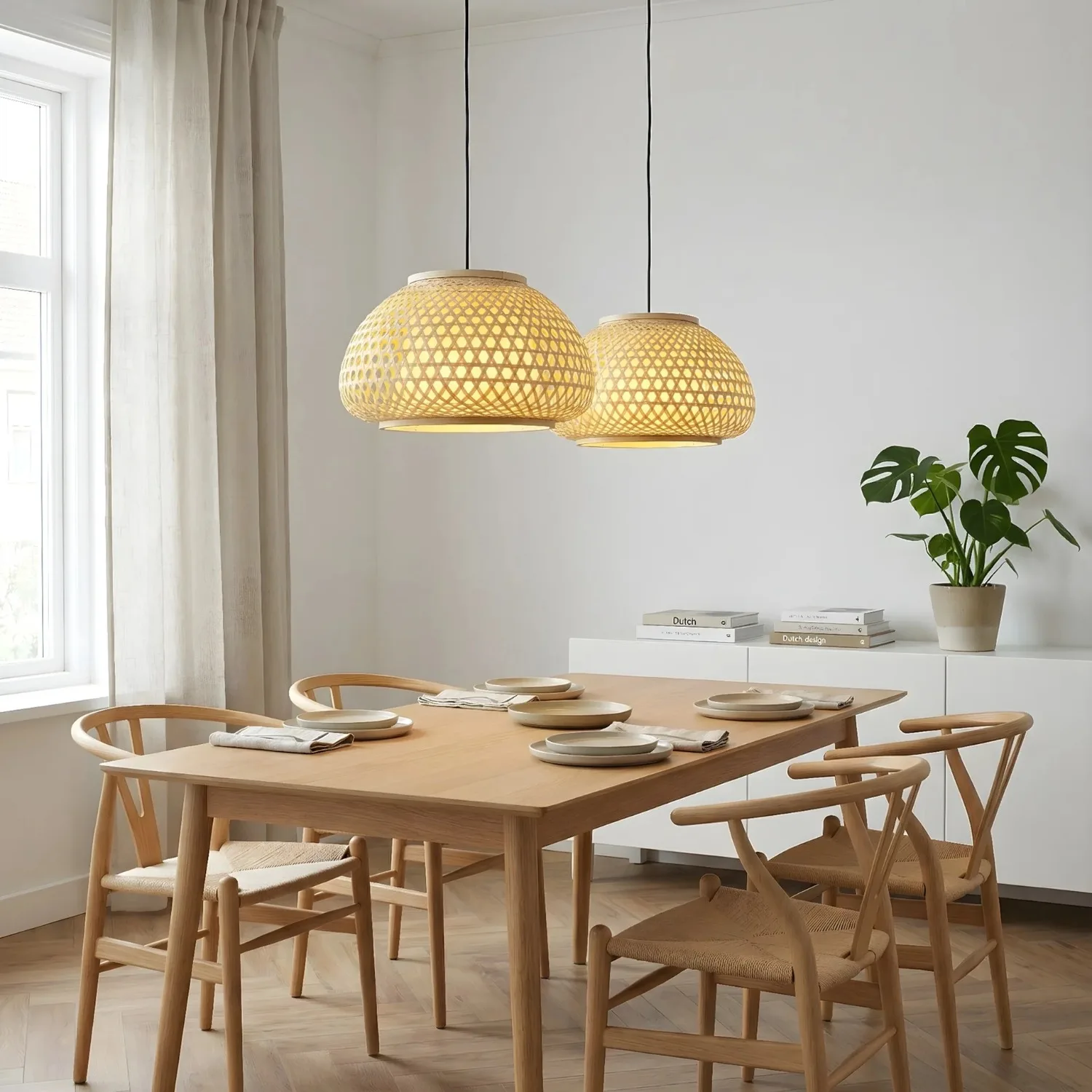 JOYINLED Bamboo Pendant Light, 35cm Woven Rattan Hanging Lamp for Kitchen Island, Dining Room, Bedroom and Cafe Decor