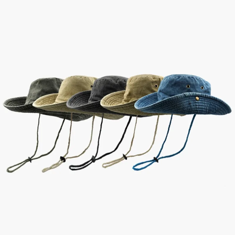 Washed Bucket Hat Vintage Distressed Wide Brim Boonie Hat Snap Buttons Sun Protection Fisherman Hat For Outdoor Fishing Travel