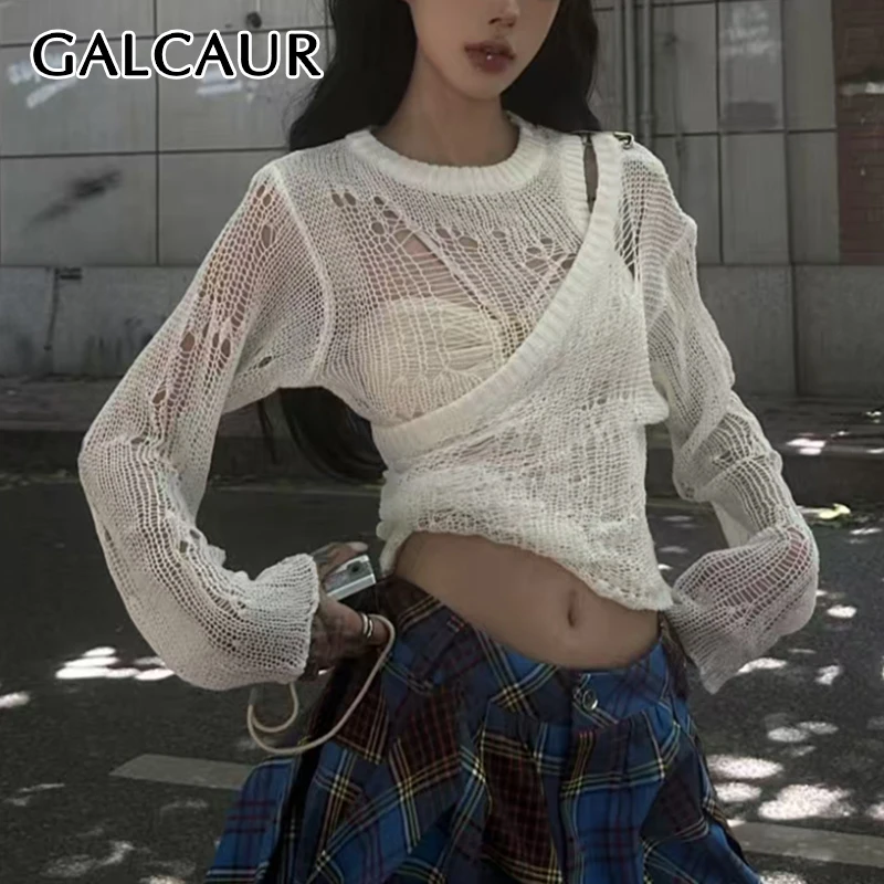 

GALCAUR Solid Hollow Out Knitted Slimming T Shirts for Women O Neck Long Sleeve Patchwork Pin Short T Shirt Female Fashion Style