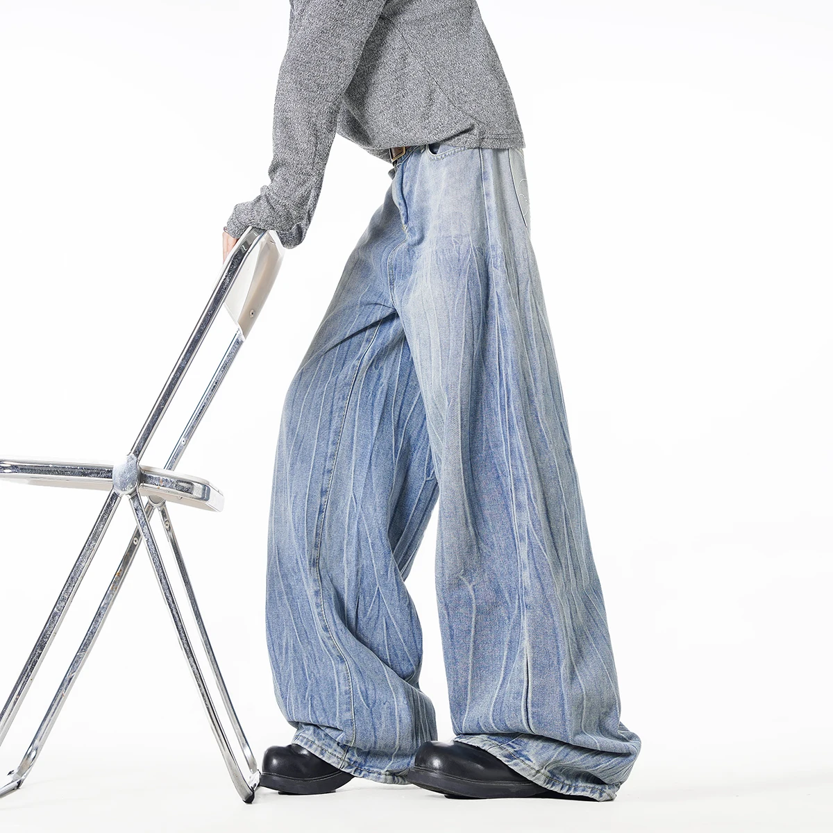 

2025 New Men Wide Leg Jeans Loose Fit Light Blue Washed Denim Trousers High Quality Trendy Fashion Streetwear Hot Sale