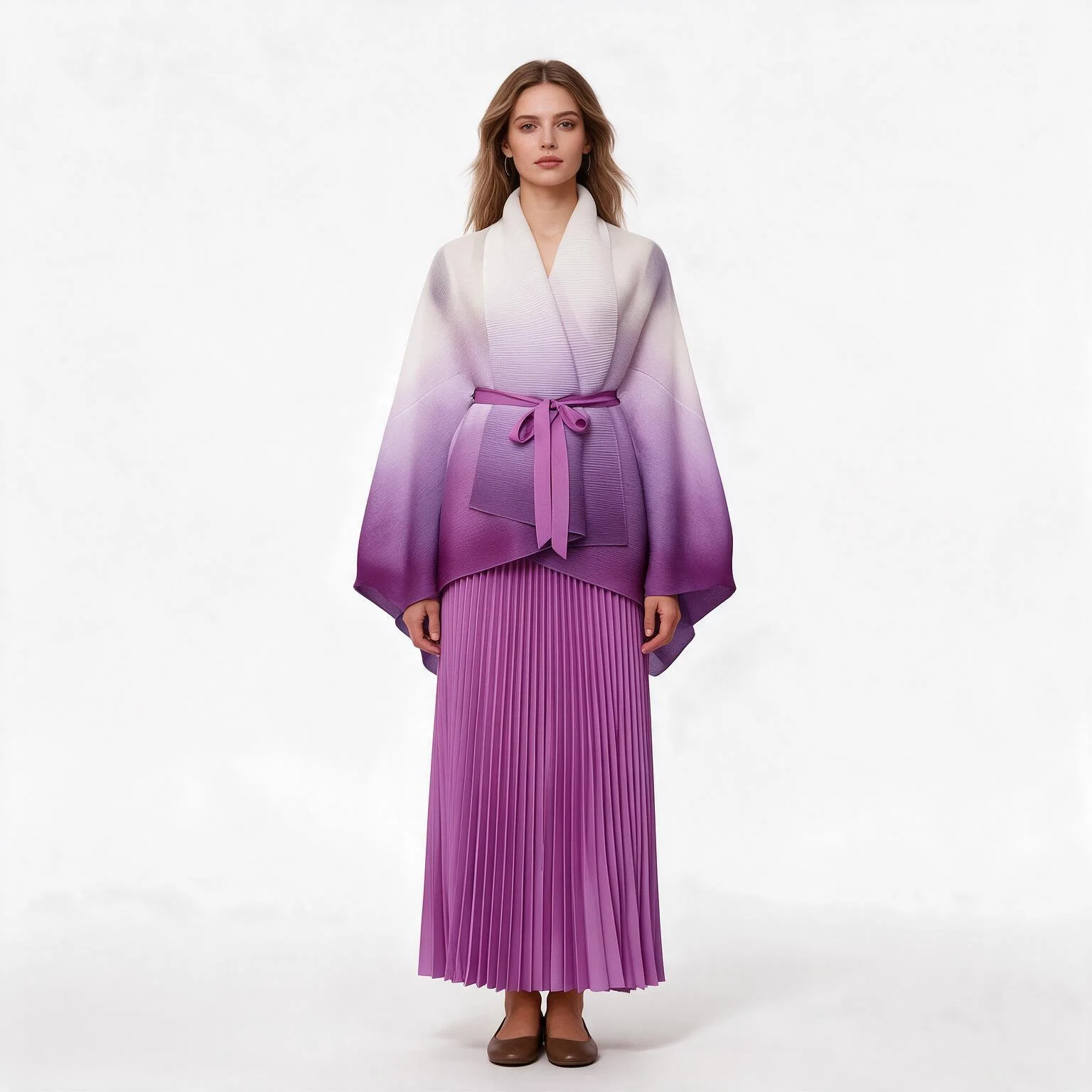 Miyake Women Gradient Pleated Kimono Top Long Skirt Set Loose Batwing Sleeve Belted Two Piece Dress