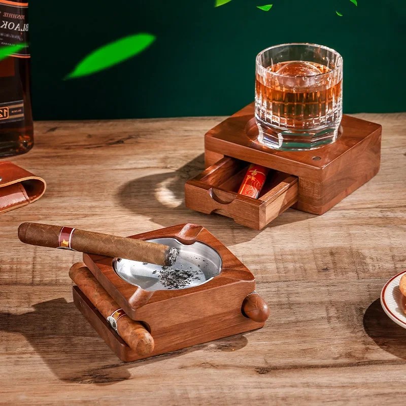 Cigar Ashtray Set Removable Outdoor Wooden Tray with Whiskey Glass Holder Cigar Clippers and Decorative Home Office Accessory