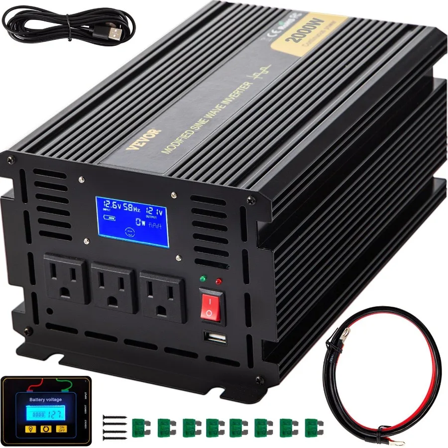 

Power Inverter 2000W Modified Sine Wave Inverter DC 12V to AC 120V Car Converter with LCD Display Remote Controller LED Indica