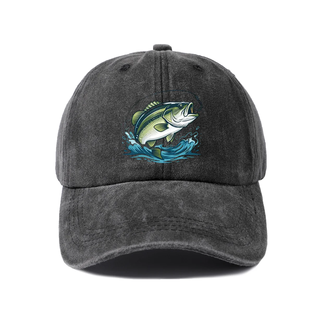 Vintage Washed Bass Fish Jumping Water Baseball Cap, Adjustable Unisex Dad Hat, Fishing Angler Outdoor Gift