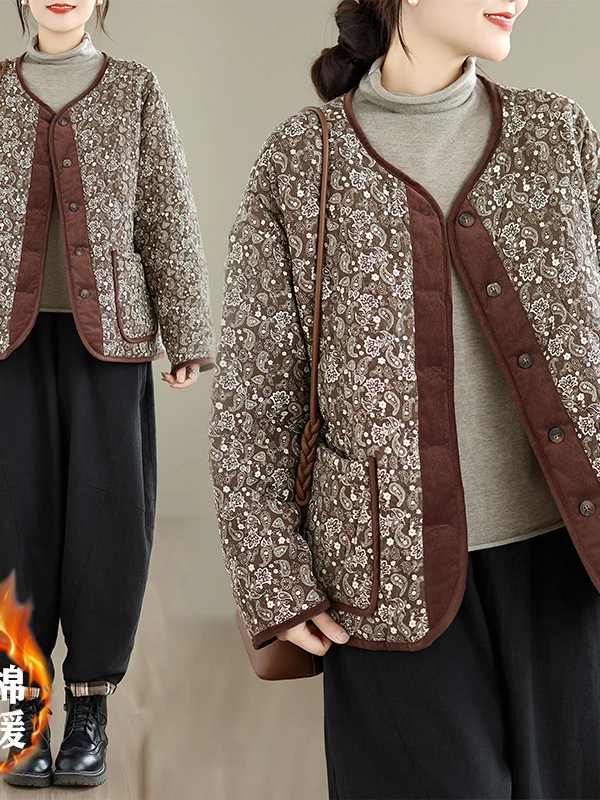 Thiened Cotton Jaet dames groot formaat Faion artistieke ronde Ne warme jas Koreaanse Sle bedrukte lange Sve winterjas