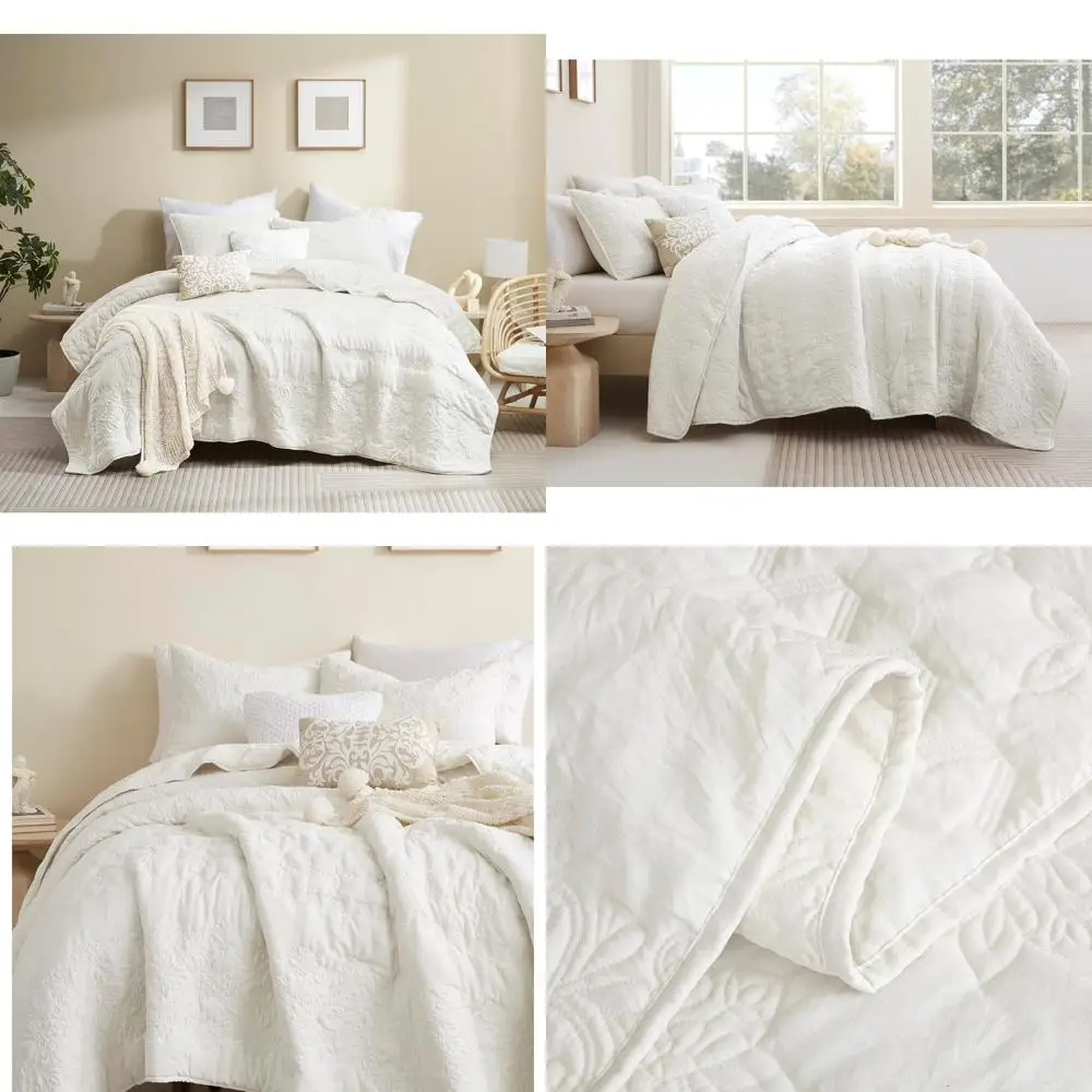 

Boho Ivory Quilt King Size Bedding Sets with Pillow Sham, Bohemian Lightweight Soft Bedspread Coverlet, Cream Farmhouse Quilted