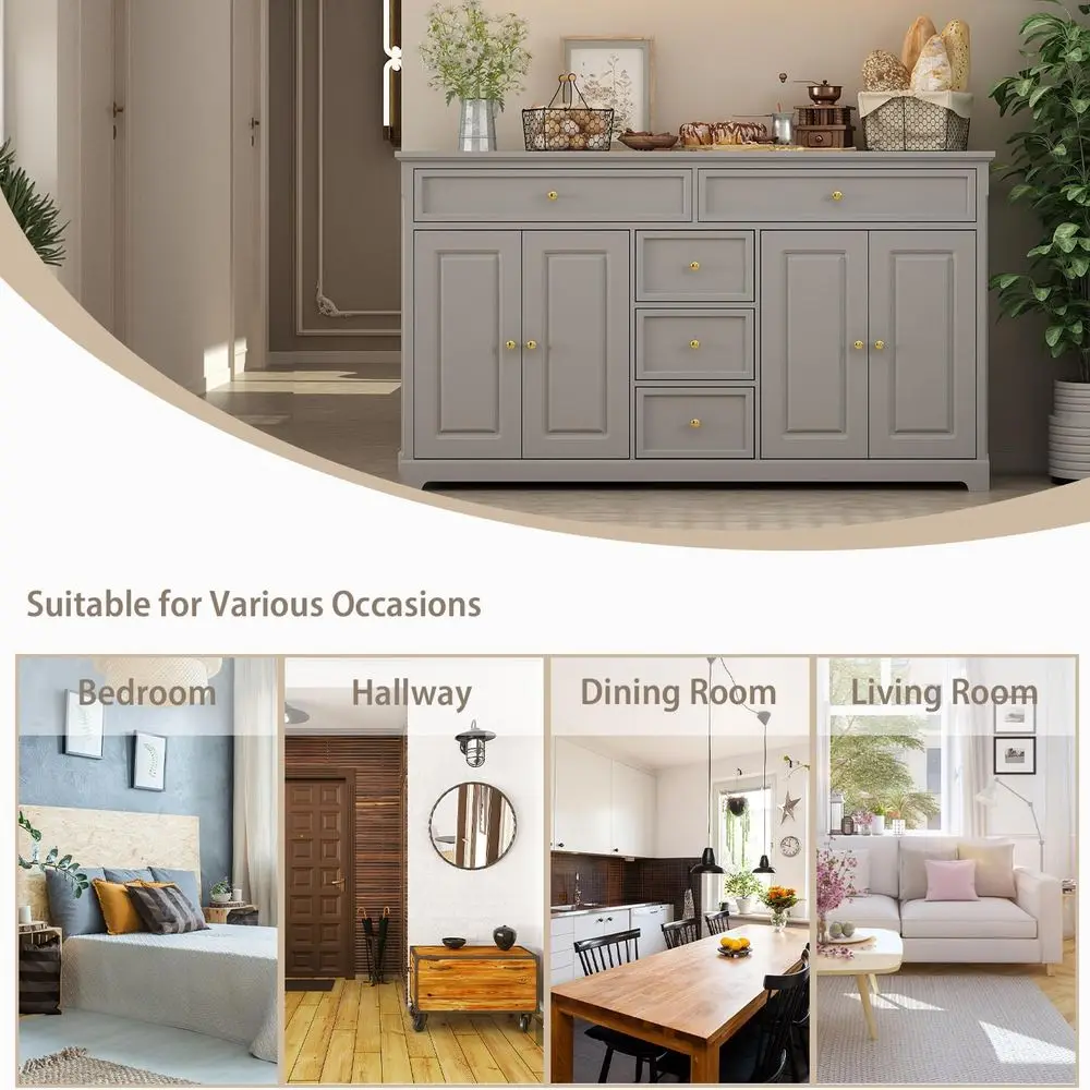 Grey Kitchen Sideboard with 5 Drawers & 4 Doors, Dining Room Storage Cabinet for Bar & Wine