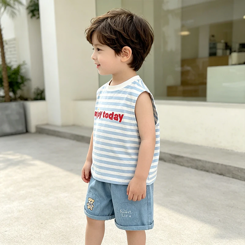 2Pcs Toddler Kids Summer Outfit Set Striped Sleeveless Tank Top Bear Embroidered Denim Shorts Casual Baby Boys Girls Clothes