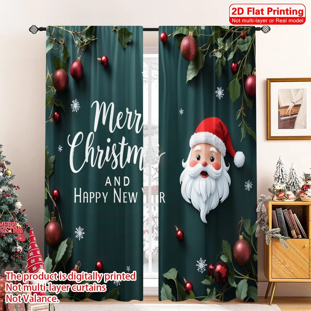 

2pcs 2D flat printing Merry Christmas Curtains Merry Christmas Happy New Year_a Polyester Without Electricity Festive Holiday